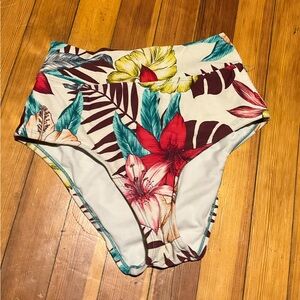 Kona Sol Floral High-Waist Bikini Bottoms in Red, Yellow & Teal
